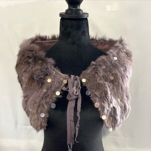 Faux Fur Sequin Capelet Shawl Tie Front Sparkle Evening Holiday Wrap